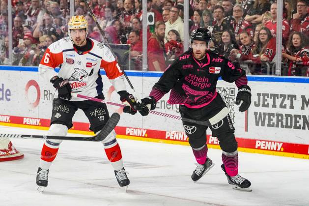 Eishockey Penny-DEL 8.Spieltag Kölner Haie - Nürnberg Ice Tigers am 11.10.2026 in der Lanxess Arena in Köln Julius Karrer ( Nürnberg ), links - Marcel Noebels ( Köln ), rechts Gemäß den Vorgaben der DEL Deutsche Eishockey Liga ist die Publikation und Weiterverwertung der Aufnahmen in elektronischen Medien und Endgeräten aller Art während des laufenden Spiels nicht zulässig.