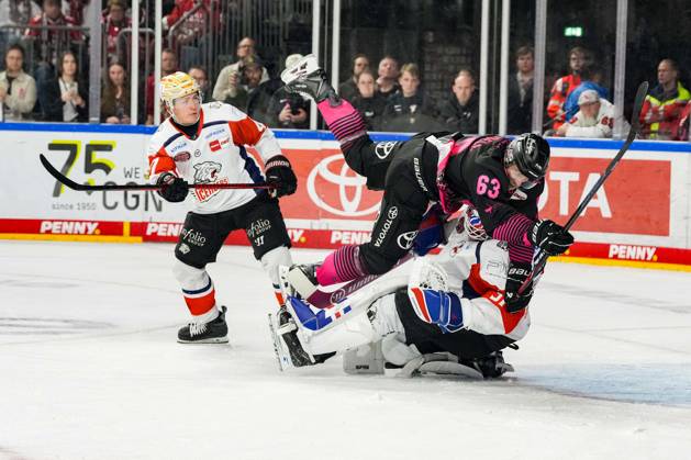 Eishockey Penny-DEL 8.Spieltag Kölner Haie - Nürnberg Ice Tigers am 11.10.2026 in der Lanxess Arena in Köln Patrick Russell ( Köln ), mitte - kollidiert mit Torwart Niklas Treutle ( Nürnberg ) Gemäß den Vorgaben der DEL Deutsche Eishockey Liga ist die Publikation und Weiterverwertung der Aufnahmen in elektronischen Medien und Endgeräten aller Art während des laufenden Spiels nicht zulässig.