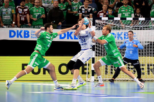 11.10.2026, GER Deutschland, Handball, 1.Bundesliga, 27.08.2026, Saison 2026 2027, Berlin, Fuechse Berlin vs TBV Lemgo Lippe Palicka, Andreas ( Fuechse Berlin 12 ), Max Darj ( Fuechse Berlin 5 ), Lauro Pichiri ( Fuechse Berlin 24 ), Joel Willecke ( Lemgo 24 ) nordphoto GmbH Engler Berlin Max-Schmeling-Halle Berlin Deutschland Copyright: xNordphotox xEnglerx