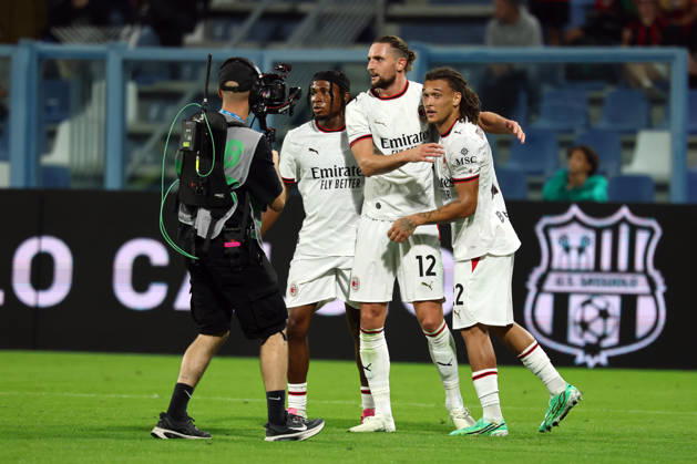 Adrien Rabiot of AC Milan celebrates with team mates after scoring the goal of 0-1 during the Serie A 2026 2027 football match between US Sassuolo and AC Milan at Citta del Tricolore stadium in Reggio Emilia (Italy), October 11th, 2026. CesarexPurini