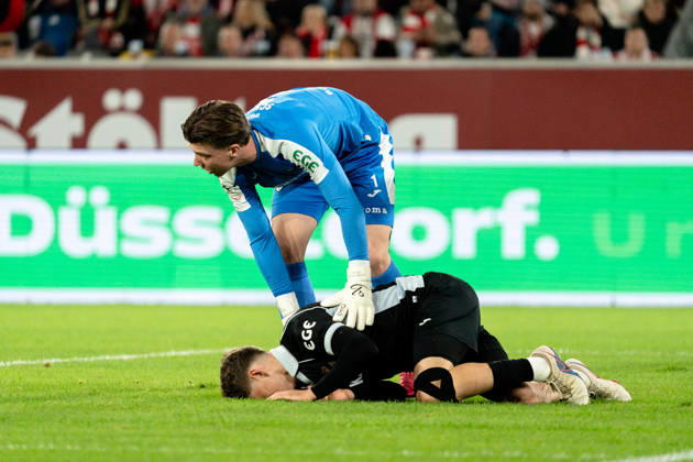 Deutschland: 3. Liga 2026 2027 Fortuna Düsseldorf vs. SC Verl 8. Spieltag 12.10.2026 Merkur Spiel-Arena (Nordrhein-Westfalen) Timo Schlieck (SC Verl, 1) Janne Bernier (SC Verl, 34) Copyright: xCelinaxLeiersx