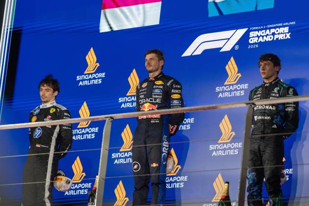 October 11, 2026, Singapore, Singapore: Charles Leclerc (MCO) (Scuderia Ferrari HP), Max Verstappen (NLD) (Oracle Red Bull Racing) and Andrea Kimi Antonelli (ITA) (Mercedes-AMG Petronas F1 Team) on the podium after the race of the Formula 1 Singapore Grand Prix 2026 at the Marina Bay Street Circuit. F1 2026: (Race) Singapore Grand Prix In Singapore, Singapore - 11 Oct 2026 - ZUMAs197 20261011_aaa_s197_119 Copyright: xLucaxMartinix