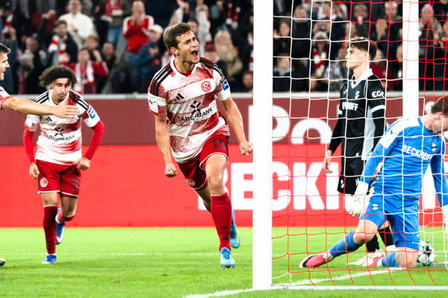 Deutschland: 3. Liga 2026 2027 Fortuna Düsseldorf vs. SC Verl 8. Spieltag 12.10.2026 Merkur Spiel-Arena (Nordrhein-Westfalen) Tor zum 1:0 durch Tim Oberdorf (Fortuna Dusseldorf, 15) Jubel Freude Emotionen Torjubel Copyright: xCelinaxLeiersx