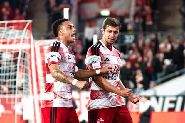 Deutschland: 3. Liga 2026 2027 Fortuna Düsseldorf vs. SC Verl 8. Spieltag 12.10.2026 Merkur Spiel-Arena (Nordrhein-Westfalen) Tor zum 1:0 durch Tim Oberdorf (Fortuna Dusseldorf, 15) Jubel Freude Emotionen Torjubel Steven van der Sloot (Fortuna Dusseldorf, 2) Copyright: xCelinaxLeiersx