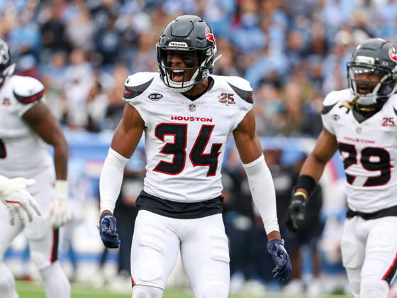 Oct 11, 2026; Nashville, TN, USA; Houston Texans cornerback Bryce Hall (34) gets excited after making a tackle during the NFL, American Football Herren, USA regular season game between the Houston Texans and Tennessee Titans at Nissan Stadium. Mandatory Credit: -Cal Media NFL 2026: Texans Vs Titans OCT 11  - ZUMAc04_ 20261011_zma_c04_043 Copyright: xStephenxFurstx