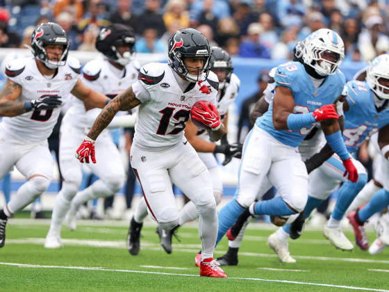 Oct 11, 2026; Nashville, TN, USA; Houston Texans wide receiver Jaylin Noel (13) runs with the ball during the NFL, American Football Herren, USA regular season game between the Houston Texans and Tennessee Titans at Nissan Stadium. Mandatory Credit: -Cal Media NFL 2026: Texans Vs Titans OCT 11  - ZUMAc04_ 20261011_zma_c04_053 Copyright: xStephenxFurstx