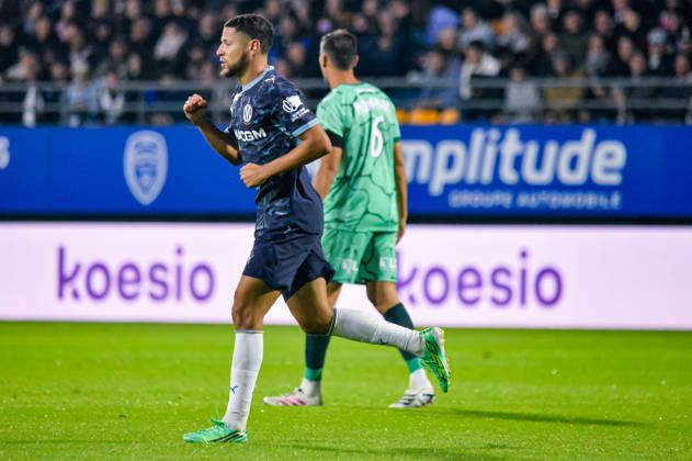FOOTBALL : ESTAC Troyes vs Olympique de Marseille - Ligue 1 - JournÃ e 6 - 11 10 2026 Joie des joueurs de l™OM aprÃ s le but de Amine Harit (OM) TroyesFrance  Copyright: xBaptistexAutissierx