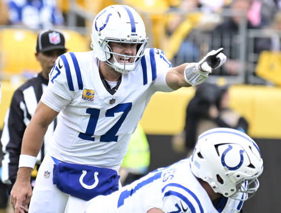 Indianapolis Colts quarterback Daniel Jones (17) points to the Pittsburgh Steelers set up during the second quarter at Acrisure Stadium on Sunday, October 11, 2026 in Pittsburgh.  PIT2026101114 ARCHIExCARPENTER