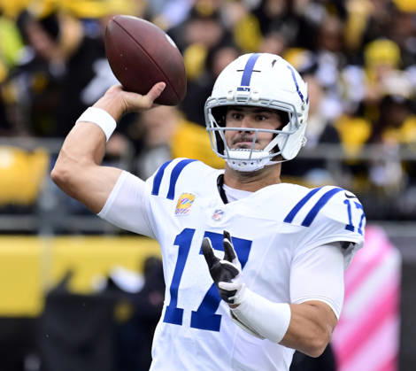 Indianapolis Colts quarterback Daniel Jones (17) throws in the first quarter against the Pittsburgh Steelers at Acrisure Stadium on Sunday, October 11, 2026 in Pittsburgh.  PIT2026101107 ARCHIExCARPENTER