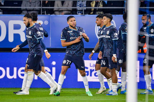 FOOTBALL : ESTAC Troyes vs Olympique de Marseille - Ligue 1 - JournÃ e 6 - 11 10 2026 Joie des joueurs de l™OM aprÃ s le but de Amine Harit (OM) TroyesFrance  Copyright: xBaptistexAutissierx