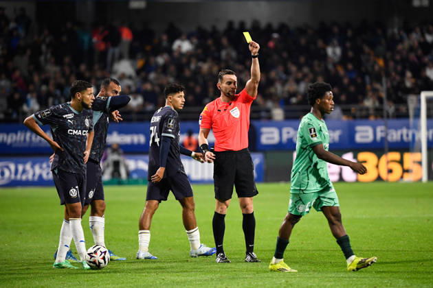 ESTAC Troyes v Olympique de Marseille - Ligue 1 McDonald s 2026 2027 Karim DERMANE of Troyes , Kelyann BEZAHAF of Olympique de Marseille , Amine HARIT of Marseille Guillaume Paradis referee during Ligue 1 McDonald s match between Troyes and Marseille at Stade de l Aube on October 11, 2026 in Troyes, France. Troyes France  Copyright: xEwenxGavetx 776573381