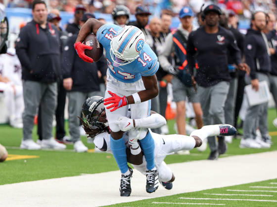 Oct 11, 2026; Nashville, TN, USA; Houston Texans safety Calen Bullock (2) tackles Tennessee Titans wide receiver Carnell Tate (14) out of bounds during the NFL, American Football Herren, USA regular season game between the Houston Texans and Tennessee Titans at Nissan Stadium. Mandatory Credit: -Cal Media NFL 2026: Texans Vs Titans OCT 11  - ZUMAc04_ 20261011_zma_c04_069 Copyright: xStephenxFurstx