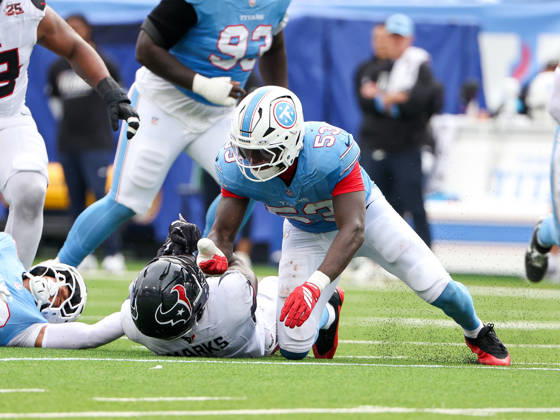 Oct 11, 2026; Nashville, TN, USA; Tennessee Titans linebacker Anthony Hill Jr. (53) tackles Houston Texans running back Woody Marks (4) during the NFL, American Football Herren, USA regular season game between the Houston Texans and Tennessee Titans at Nissan Stadium. Mandatory Credit: -Cal Media NFL 2026: Texans Vs Titans OCT 11  - ZUMAc04_ 20261011_zma_c04_077 Copyright: xStephenxFurstx