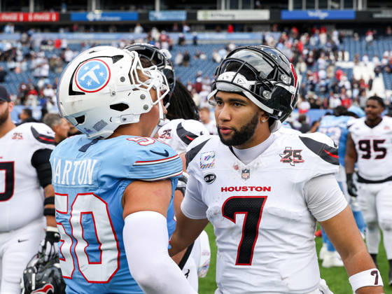 Oct 11, 2026; Nashville, TN, USA; Houston Texans quarterback C.J. Stroud (7) talks with Tennessee Titans linebacker Cody Barton (50) on the field following the NFL, American Football Herren, USA regular season game between the Houston Texans and Tennessee Titans at Nissan Stadium. Mandatory Credit: -Cal Media NFL 2026: Texans Vs Titans OCT 11  - ZUMAc04_ 20261011_zma_c04_078 Copyright: xStephenxFurstx