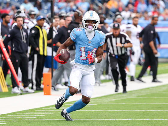 Oct 11, 2026; Nashville, TN, USA; Tennessee Titans wide receiver Carnell Tate (14) breaks out for yards after a catch during the NFL, American Football Herren, USA regular season game between the Houston Texans and Tennessee Titans at Nissan Stadium. Mandatory Credit: -Cal Media NFL 2026: Texans Vs Titans OCT 11  - ZUMAc04_ 20261011_zma_c04_081 Copyright: xStephenxFurstx