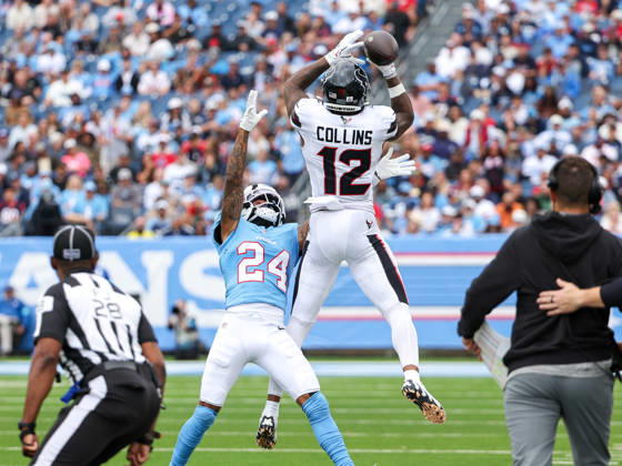 Oct 11, 2026; Nashville, TN, USA; Tennessee Titans cornerback Alontae Taylor (24) catches a penalty for pass interference on a pass to Houston Texans wide receiver Nico Collins (12) during the NFL, American Football Herren, USA regular season game between the Houston Texans and Tennessee Titans at Nissan Stadium. Mandatory Credit: -Cal Media Nashville USA - ZUMAc04_ 20261011_zma_c04_074 Copyright: xStephenxFurstx