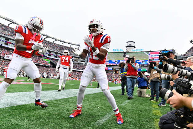Oct 11, 2026; Foxborough, MA, USA; New England Patriots wide receiver Kyle Williams (18) celebrates a touchdown against the Las Vegas Raiders during the second half at Gillette Stadium. Mandatory Credit: -Cal Media Foxborough USA - ZUMAc04_ 20261011_zma_c04_163 Copyright: xEricxCanhax