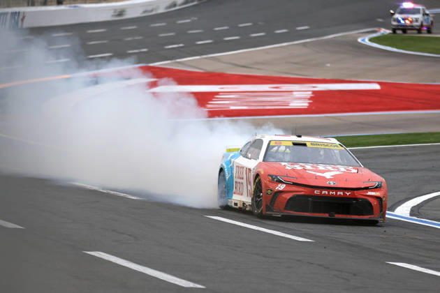 CHARLOTTE, NC - OCTOBER 11: Chase Briscoe ( 19 Joe Gibbs Racing Freebird Spring Water Toyota) celebrates after winning the NASCAR, Motorsport, USA Cup Series Playoffs Bank of America 400 race on October 11, 2026 at Charlotte Motor Speedway in Charlotte, NC. (Photo by Jeff Robinson Icon Sportswire) AUTO: OCT 11 NASCAR Cup Series Playoffs Bank of America 400 EDITORIAL USE ONLY Icon261011183400