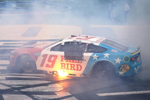 CHARLOTTE, NC - OCTOBER 11: Chase Briscoe ( 19 Joe Gibbs Racing Freebird Spring Water Toyota) celebrates after winning the NASCAR, Motorsport, USA Cup Series Playoffs Bank of America 400 race on October 11, 2026 at Charlotte Motor Speedway in Charlotte, NC. (Photo by Jeff Robinson Icon Sportswire) AUTO: OCT 11 NASCAR Cup Series Playoffs Bank of America 400 EDITORIAL USE ONLY Icon261011497400