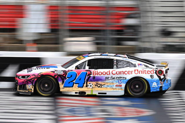 CHARLOTTE, NC - OCTOBER 11: William Byron ( 24 Hendrick Motorsports Valvoline Blood Cancer United Chevrolet) races down the front stretch during the running of the NASCAR, Motorsport, USA Cup Series Playoffs Bank of America 400 race on October 11, 2026 at Charlotte Motor Speedway in Charlotte, NC. (Photo by Jeff Robinson Icon Sportswire) AUTO: OCT 11 NASCAR Cup Series Playoffs Bank of America 400 EDITORIAL USE ONLY Icon26101113865400