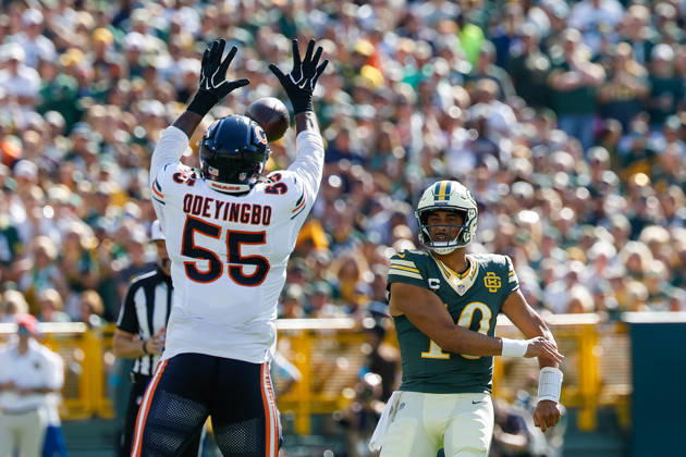 Oct 11, 2026; Green Bay, WI, USA; Green Bay Packers quarterback Jordan Love (10) passes the ball as Chicago Bears defensive end Dayo Odeyingbo (55) blocks it with his helmet during NFL, American Football Herren, USA game action at Lambeau Field. Mandatory Credit: -Cal Media Green Bay USA - ZUMAc04_ 20261011_zma_c04_235 Copyright: xDarrenxLeex