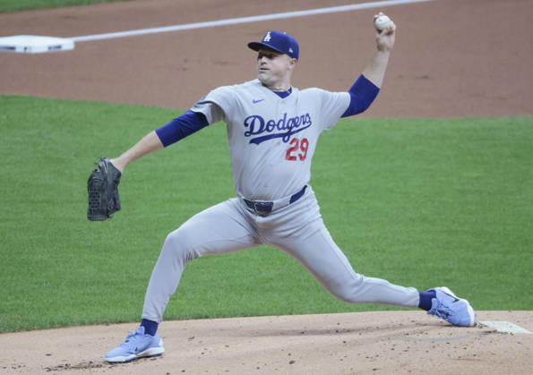 Los Angeles Dodgers starting pitcher Tarik Skubal (29) throws against the Milwaukee Brewers in the first inning of an MLB, Baseball Herren, USA National League Championship Series playoff game at American Family Field in Milwaukee, Wisconsin, on Sunday, October 11, 2026.  MIL20261011702 TANNENxMAURY