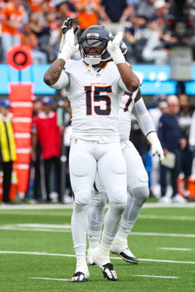 NFL, American Football Herren, USA - Los Angeles Chargers vs Denver Broncos Denver Broncos outside linebacker Nik Bonitto (15) celebrates after sacking Los Angeles Chargers quarterback Justin Herbert during the first half of an NFL football game at SoFi Stadium in Inglewood, California, USA, 11 October 2026. INGLEWOOD CALIFORNIA UNITED STATES  Copyright: xCHRISxTORRESx