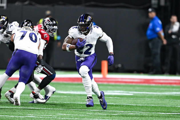 ATLANTA, GA - OCTOBER 11: Baltimore running back Derrick Henry (22) runs the ball during the NFL, American Football Herren, USA game between the Baltimore Ravens and the Atlanta Falcons on October 11th, 2026 at Mercedes-Benz Stadium in Atlanta, GA. (Photo by Rich von Biberstein Icon Sportswire) NFL: OCT 11 Ravens at Falcons EDITORIAL USE ONLY Icon261011011