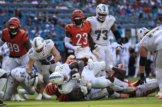 October 11, 2026, Miami Gardens, Florida, United States: Miami Dolphins running back Ollie Gordon II (0) is short of the end zone during an NFL, American Football Herren, USA game against the Cincinnati Bengals on Sunday, October 11, 2026 at the Hard Rock Stadium. The Bengals beat the Dolphins 31-24. NFL 2026: Cincinnati Bengals 31 : 24 Miami Dolphins  - ZUMAh180 20261011_zsp_h180_105 Copyright: xKimxHukarix