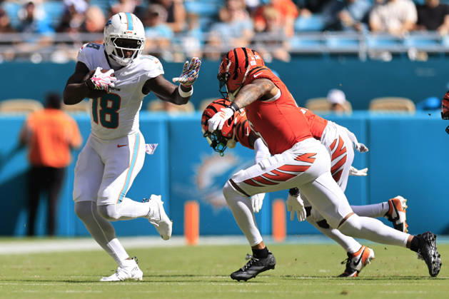 October 11, 2026, Miami Gardens, Florida, United States: Miami Dolphins wide receiver Chris Bell (18) makes a reception and turns to run with the ball during an NFL, American Football Herren, USA game against the Cincinnati Bengals on Sunday, October 11, 2026 at the Hard Rock Stadium. The Bengals beat the Dolphins 31-24. Miami Gardens United States - ZUMAh180 20261011_zsp_h180_076 Copyright: xKimxHukarix