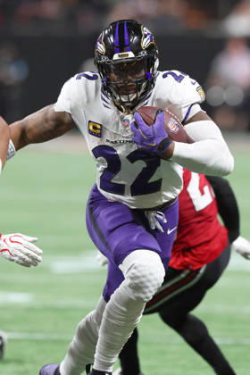 ATLANTA, GA - OCTOBER 11: Derrick Henry (22) of the Baltimore Ravens runs in for a touchdown during the Sunday evening NFL, American Football Herren, USA game between the Atlanta Falcons and the Baltimore Ravens on October 11, 2026 at the Mercedes-Benz Stadium in Atlanta, Georgia. (Photo by David J. Griffin Icon Sportswire) NFL: OCT 11 Ravens at Falcons EDITORIAL USE ONLY Icon9532610110751
