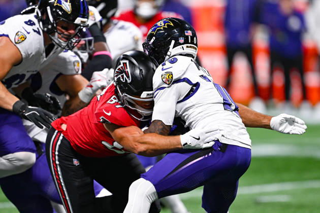 ATLANTA, GA - OCTOBER 11: Atlanta tight end Nick Muse (87) tackles Baltimore wide receiver LaJohntay Wester (10) on a kickoff return during the NFL, American Football Herren, USA game between the Baltimore Ravens and the Atlanta Falcons on October 11th, 2026 at Mercedes-Benz Stadium in Atlanta, GA. (Photo by Rich von Biberstein Icon Sportswire) NFL: OCT 11 Ravens at Falcons EDITORIAL USE ONLY Icon261011024