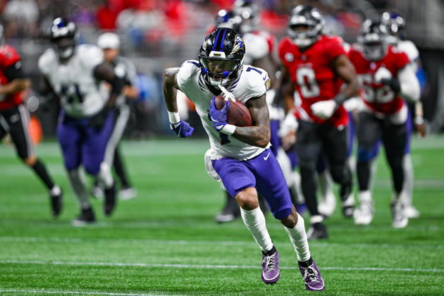 ATLANTA, GA - OCTOBER 11: Baltimore wide receiver Rashod Bateman (7) runs with the ball after a reception during the NFL, American Football Herren, USA game between the Baltimore Ravens and the Atlanta Falcons on October 11th, 2026 at Mercedes-Benz Stadium in Atlanta, GA. (Photo by Rich von Biberstein Icon Sportswire) NFL: OCT 11 Ravens at Falcons EDITORIAL USE ONLY Icon261011029