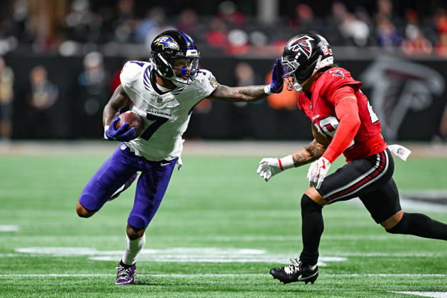 ATLANTA, GA - OCTOBER 11: Baltimore wide receiver Rashod Bateman (7) stiff-arms an Atlanta defender during the NFL, American Football Herren, USA game between the Baltimore Ravens and the Atlanta Falcons on October 11th, 2026 at Mercedes-Benz Stadium in Atlanta, GA. (Photo by Rich von Biberstein Icon Sportswire) NFL: OCT 11 Ravens at Falcons EDITORIAL USE ONLY Icon261011033