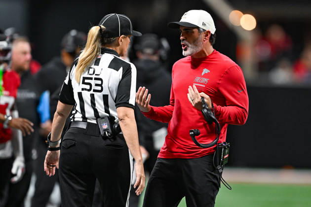 ATLANTA, GA - OCTOBER 11: Atlanta head coach Kevin Stefanski talks with referee Sarah Thomas during the NFL, American Football Herren, USA game between the Baltimore Ravens and the Atlanta Falcons on October 11th, 2026 at Mercedes-Benz Stadium in Atlanta, GA. (Photo by Rich von Biberstein Icon Sportswire) NFL: OCT 11 Ravens at Falcons EDITORIAL USE ONLY Icon261011050