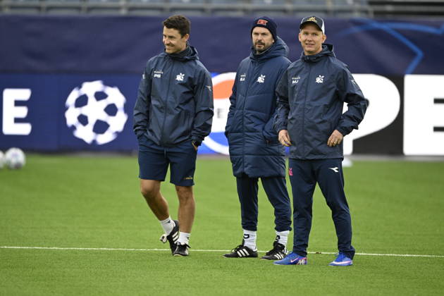 Champions League soccer, Viking vs. Bayern Munich, Stavanger, October 12, 2026: Bjarte Lunde Aarsheim and Morten Jensen during Viking’s training session at Lyse Arena in Stavanger, ahead of the Champions League match between Viking and Bayern Munich. Photo: Carina Johansen, NTB, Stavanger, Norway. EDITORIAL USE ONLY. RESTRICTED USE FOR BETTING COMPANIES.  Copyright: xCarinaxJohansenx xNTBx