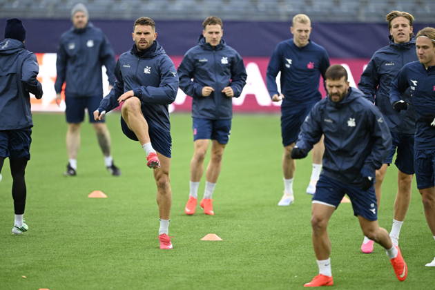 Champions League soccer, Viking vs. Bayern Munich, Stavanger, October 12, 2026: Bjarte Lunde Aarsheim and Morten Jensen during Viking’s training session at Lyse Arena in Stavanger, before the Champions League match between Viking and Bayern Munich. Photo by Carina Johansen, NTB, Stavanger, Norway. EDITORIAL USE ONLY. RESTRICTED USE FOR BETTING COMPANIES.  Copyright: xCarinaxJohansenx xNTBx