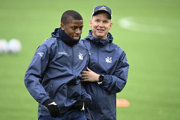 Champions League soccer, Viking vs. Bayern Munich, Stavanger, October 12, 2026: Bjarte Lunde Aarsheim and Morten Jensen during Viking’s training session at Lyse Arena in Stavanger, before the Champions League match between Viking and Bayern Munich. Photo by Carina Johansen, NTB, Stavanger, Norway. EDITORIAL USE ONLY. RESTRICTED USE FOR BETTING COMPANIES.  Copyright: xCarinaxJohansenx xNTBx