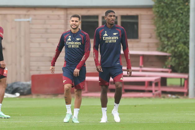 Arsenal Training & Media Conference, Champions League Bruno Guimaraes and Cristhian Mosquera of Arsenal during the Arsenal training session at the Arsenal FC Training Centre, ahead of UEFA Champions League Matchday 2 v Lille, London Colney, England on 12 October 2026 Credit: Tiego Grenho Every Second Media Editorial use only. All images are copyright Every Second Media Limited. No images may be reproduced without prior permission. Copyright: xIMAGO EveryxSecondxMediax ESM-2214-0019 TiegoxGrenhox xEveryxSecondxMediax