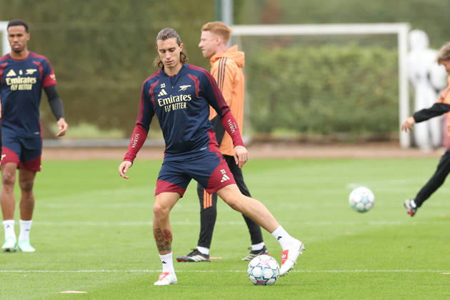 Arsenal Training & Media Conference, Champions League Riccardo Calafiori of Arsenal during the Arsenal training session at the Arsenal FC Training Centre, ahead of UEFA Champions League Matchday 2 v Lille, London Colney, England on 12 October 2026 Credit: Tiego Grenho Every Second Media Editorial use only. All images are copyright Every Second Media Limited. No images may be reproduced without prior permission. Copyright: xIMAGO EveryxSecondxMediax ESM-2214-0039 TiegoxGrenhox xEveryxSecondxMediax