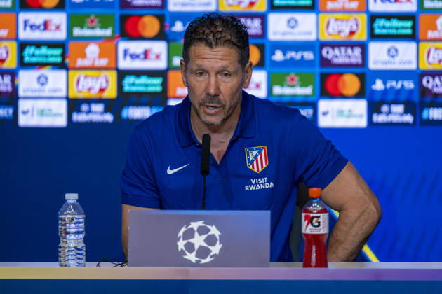 Atletico de Madrid Training Session And press conference, PK, Pressekonferenz - UEFA Champions League 2026 27 League Phase MD2 MADRID, SPAIN - OCTOBER 12: Diego Pablo Simeone, Head Coach of Atletico de Madrid, speaks during the press conference on day ahead of the UEFA Champions League 2026 27 League Phase MD2 against Manchester United, ManU at Estadio Riyadh Air Metropolitano on October 12, 2026 in Madrid, Spain. Madrid Estadio Riyadh Air Metropolitano Madrid Spain Copyright: xAlbertoxGardinx AGardin_20261012_Atl_Mad_Press_00068