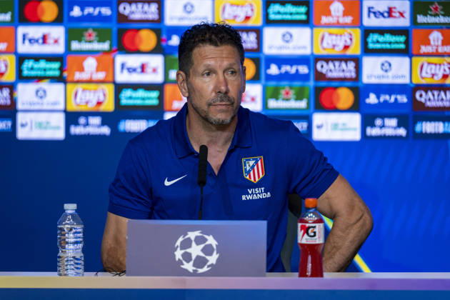 Atletico de Madrid Training Session And press conference, PK, Pressekonferenz - UEFA Champions League 2026 27 League Phase MD2 MADRID, SPAIN - OCTOBER 12: Diego Pablo Simeone, Head Coach of Atletico de Madrid, speaks during the press conference on day ahead of the UEFA Champions League 2026 27 League Phase MD2 against Manchester United, ManU at Estadio Riyadh Air Metropolitano on October 12, 2026 in Madrid, Spain. Madrid Estadio Riyadh Air Metropolitano Madrid Spain Copyright: xAlbertoxGardinx AGardin_20261012_Atl_Mad_Press_00069