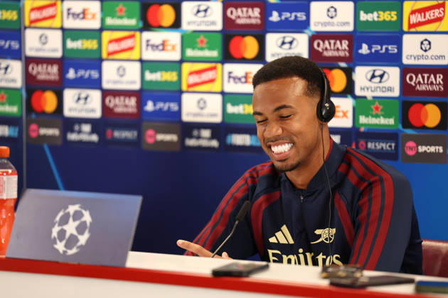 Arsenal Training & Media Conference, Champions League Gabriel of Arsenal smiles during the Arsenal media conference at the Arsenal FC Training Centre, ahead of UEFA Champions League Matchday 2 v Lille, London Colney, England on 12 October 2026 Credit: Tiego Grenho Every Second Media Editorial use only. All images are copyright Every Second Media Limited. No images may be reproduced without prior permission. Copyright: xIMAGO EveryxSecondxMediax ESM-2214-0049 TiegoxGrenhox xEveryxSecondxMediax