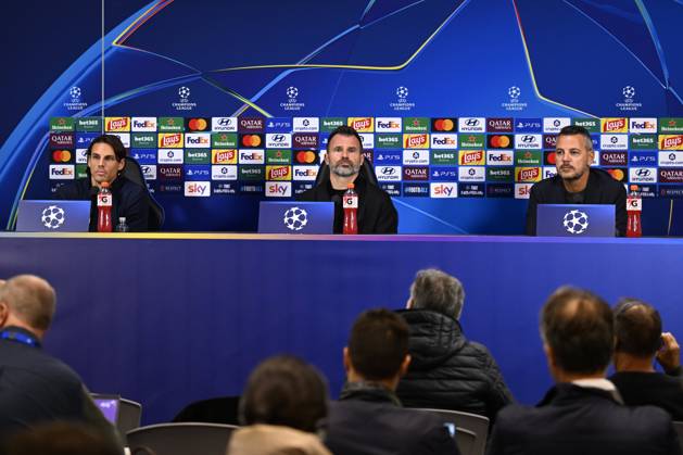 Inter Milan v Club Brugge - UEFA Champions League Media Activities 12 10 2026 MILAN, ITALY - OCTOBER 12 : Sommer Yann goalkeeper of Club Brugge, Leko Ivan head coach of Club Brugge and Willem Kirsten Communications Director of Club Brugge speaking with the media during a pre-match press conference, PK, Pressekonferenz ahead of the UEFA Champions League 2026 27 League Phase matchday 2 match between Inter Milan and Club Brugge on October 12, 2026 in Milan, Italy, 12 10 2026 Milan Italy Copyright: xTomasxSiskx