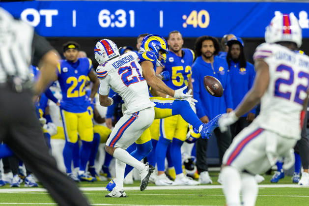 INGLEWOOD, CA - OCTOBER 12: Davison Igbinosun 21 of the Buffalo Bills breaks up a pass intended for Puka Nacua 12 of the Los Angeles Rams during overtime of an NFL, American Football Herren, USA game between the Buffalo Bills and the Los Angeles Rams on October 12, 2026, at SoFi Stadium in Inglewood, California. (Photo by Greg Fiore Icon Sportswire) NFL: OCT 12 Bills at Rams EDITORIAL USE ONLY Icon2610124919