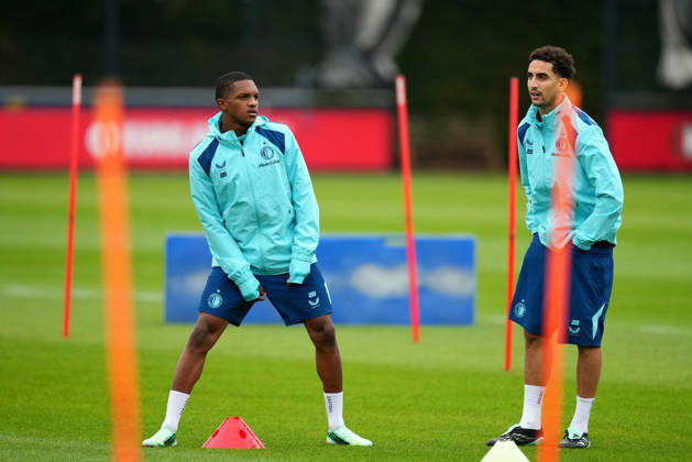 Training Champions League Feyenoord Rotterdam 2026 2027 Rotterdam - Givairo Read of Feyenoord Rotterdam and Oussama Targhalline of Feyenoord Rotterdam look on during a training before the Champions League match against Como 1907. The training is set at Trainingscomplex 1908 on 13 October 2026 in Rotterdam, Netherlands. (Hero Images Yannick Verhoeven) Copyright: xYannickxVerhoevenx