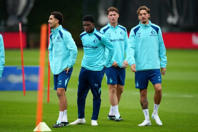 Training Champions League Feyenoord Rotterdam 2026 2027 Rotterdam - Oussama Targhalline of Feyenoord Rotterdam, Jerayno Schaken of Feyenoord Rotterdam, Thijs Kraaijeveld of Feyenoord Rotterdam and Luciano Valente of Feyenoord Rotterdam look on during a training before the Champions League match against Como 1907. The training is set at Trainingscomplex 1908 on 13 October 2026 in Rotterdam, Netherlands. (Hero Images Yannick Verhoeven) Copyright: xYannickxVerhoevenx