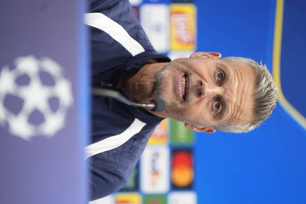 Soccer, Champions League 2026–2027, Bodo Glimt, Borussia Dortmund, Bodo, October 13, 2026: Andreas Helmersen and coach Kjetil Knudsen during Bodo Glimt’s press conference at Aspmyra Stadium, the day before the Champions League match between Bodo Glimt and Borussia Dortmund. Photo: Terje Pedersen, NTB, Bodo, Norway. EDITORIAL USE ONLY. RESTRICTED USE FOR BETTING COMPANIES.  Copyright: xTerjexPedersenx xNTBx