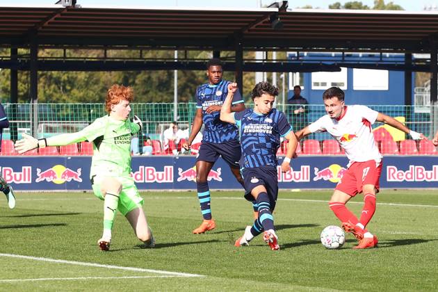 RB Leipzig U19 - PSV Eindhoven U19 UEFA Youth League Leipzig, 13.10.2026, Trainingszentrum am Cottaweg, Fußball, Saison 2026 2027, U19 Junioren, UEFA Youth League, 2. Spieltag , RB Leipzig U19 - PSV Eindhoven U19 , Im Bild: Tor für RB Leipzig, Din Klapija (21, RB) trifft zum 1:0 , Nur für journalistische Zwecke! For editorial use only! , UEFA regulations prohibit any use of photographs as image sequences and or quasi-video. ,