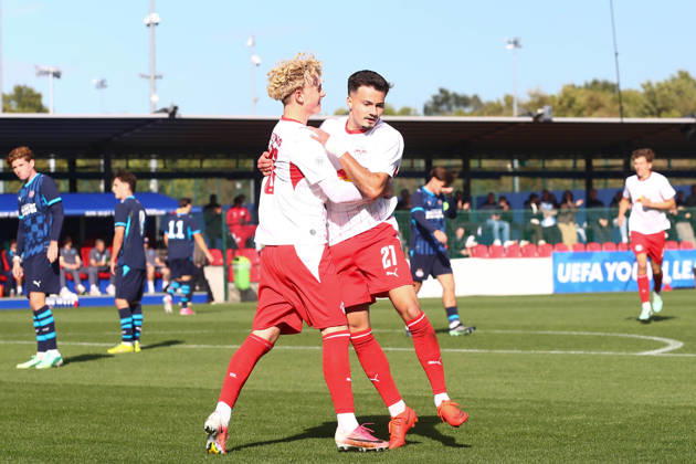 RB Leipzig U19 - PSV Eindhoven U19 UEFA Youth League Leipzig, 13.10.2026, Trainingszentrum am Cottaweg, Fußball, Saison 2026 2027, U19 Junioren, UEFA Youth League, 2. Spieltag , RB Leipzig U19 - PSV Eindhoven U19 , Im Bild: Tor für RB Leipzig, Torjubel nach dem 1:0, Torschütze Din Klapija (21, RB) , Nur für journalistische Zwecke! For editorial use only! , UEFA regulations prohibit any use of photographs as image sequences and or quasi-video. ,